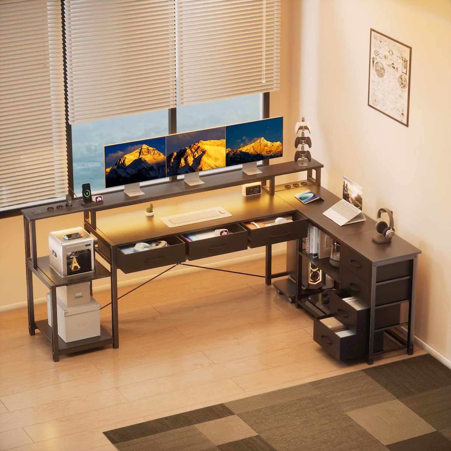 AIORBER Scrivania a L con illuminazione LED, presa di corrente, USB, cassetti e ripiano, scrivania ergonomica per computer, 148 cm, nero