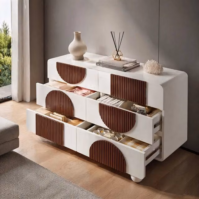 Cassettiera a 6 cassetti 121x41x71 cm in MDF e legno massello bianco