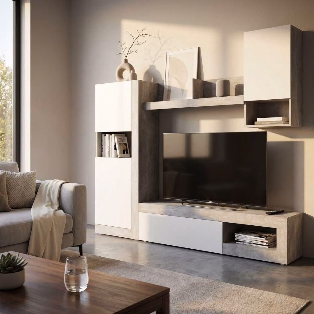 Milani Home - parete attrezzata soggiorno con mobile porta TV e pensili, grigio e bianco, 248 x 42 x 200 cm