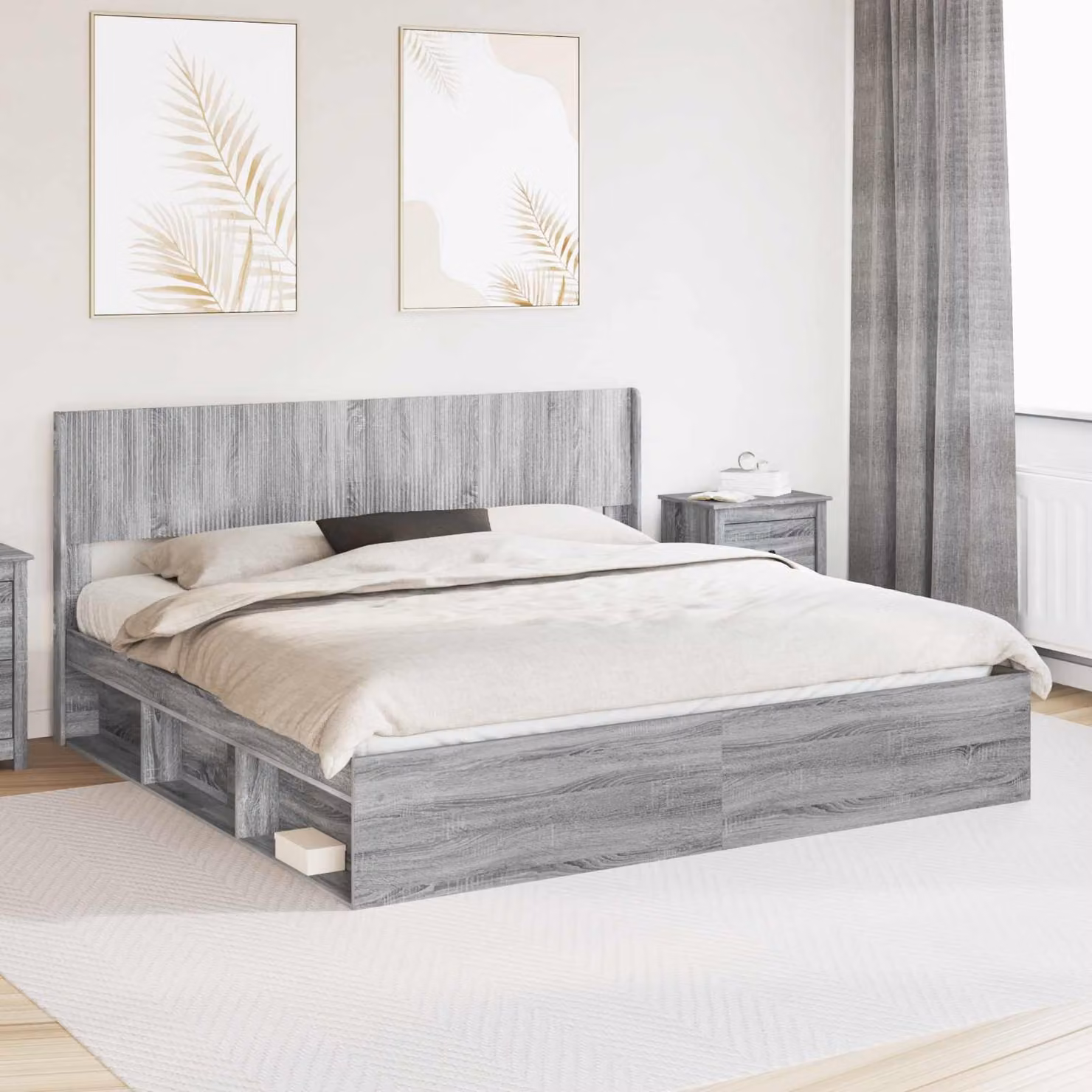 vidaXL Struttura letto con contenitore e testata in legno Sonoma grigio L: 180 cm, P: 200 cm, H: 100 cm