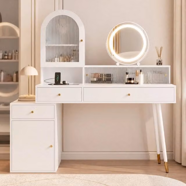 Toeletta Mivray Hollywood con specchio LED, piano estensibile, prese USB Type-C e 3 cassetti in vetro bianco, L 140 cm x P 40 cm x H 140 cm