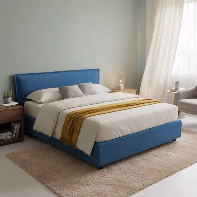 Letto Matrimoniale Brolo Dmora con Contenitore a Alzata, Rivestimento in Tessuto Blu e Nero, L/P: 160 x 200 cm