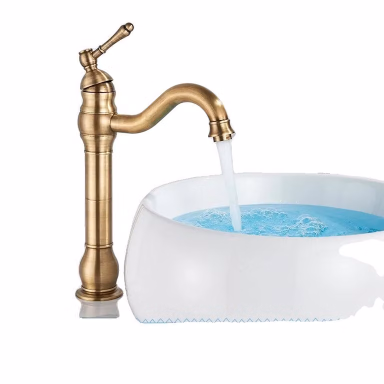 Rubinetto da lavabo, design contemporaneo, comando monocomando, ottone antico alto