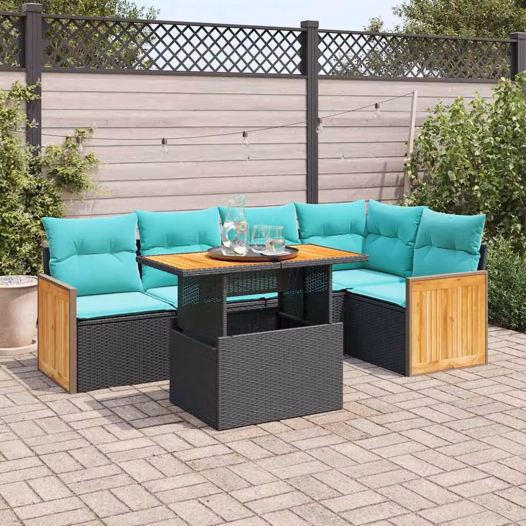 Set Divano da Giardino vidaXL a Forma di L in Polyrattan con Cuscini e Tavolino da Caffè, Colore Nero e Struttura in Legno di Acacia