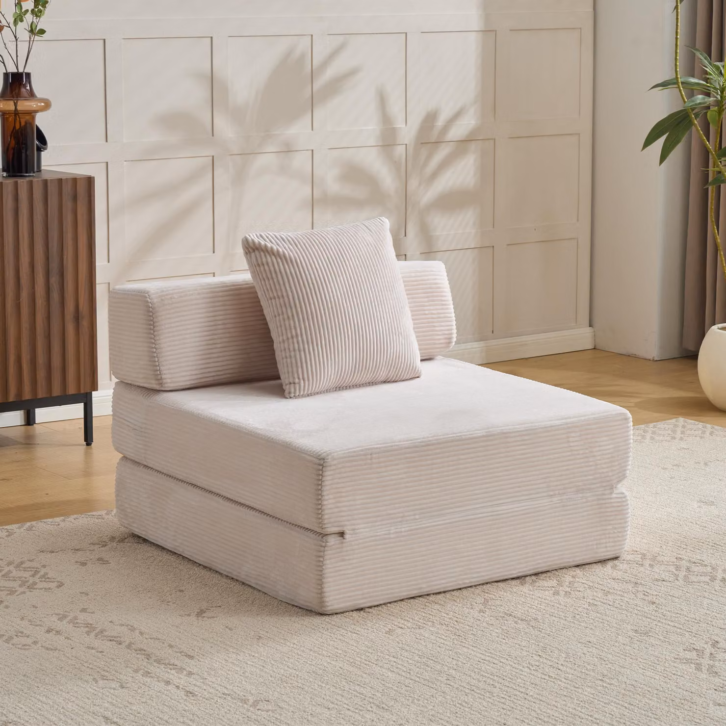 Divano a pavimento, divano componibile, trasformabile, divano letto singolo, cuscini, braccioli, tessuto corda, ideale per soggiorno/camera da letto. L3