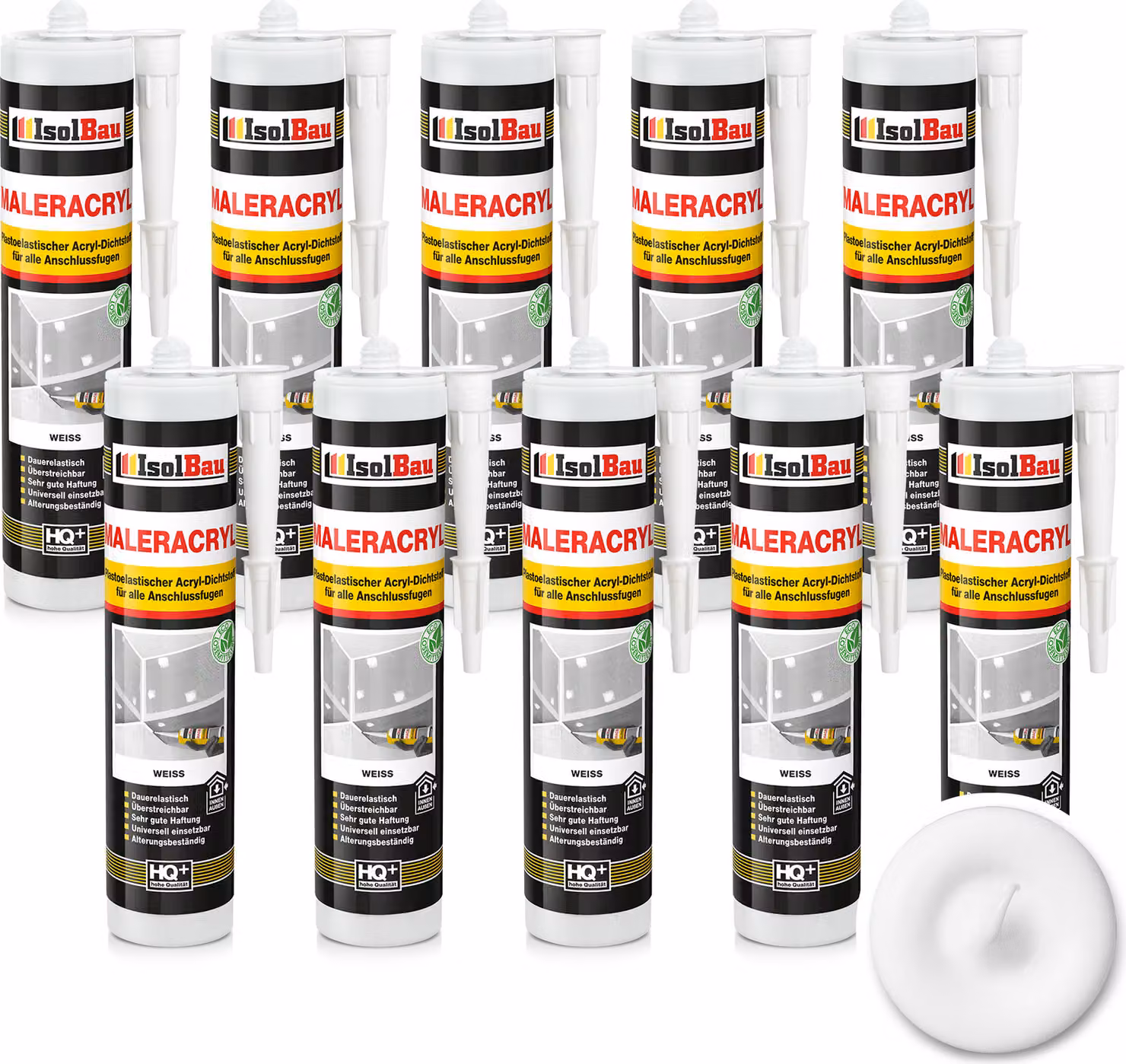 Isolbau Maleracryl 10 x 300 ml, bianco - Sigillante acrilico plastoelastico per l'impermeabilizzazione di giunti in ambienti interni ed esterni - Confezione da 10 cartucce