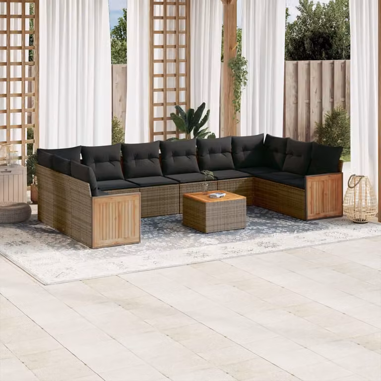 vidaXL Set Divani da Giardino a L 11 pz in Polyrattan Grigio con Cuscini e Tavolino