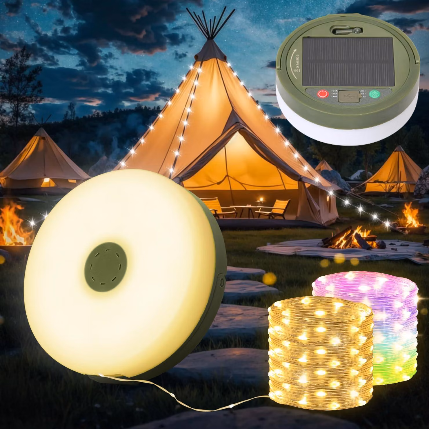 Catena luminosa solare per campeggio, 10 metri, 100 LED, avvolgibile, 2-in-1