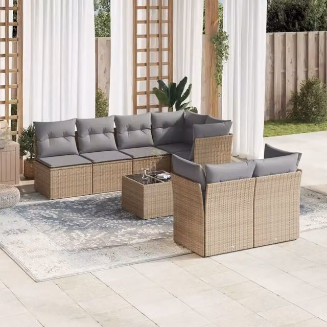 vidaXL Set Divano da Giardino a L con Cuscini Beige e Tavolino, 8 Pezzi in Polyrattan e Metallo – 1