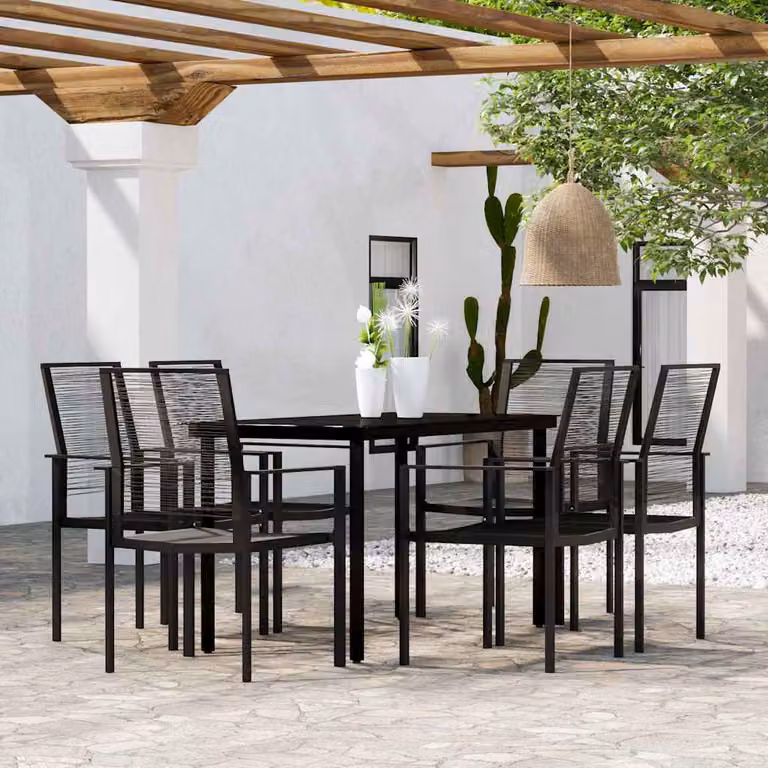Set da pranzo da giardino vidaXL in metallo e vetro nero, 7 pezzi