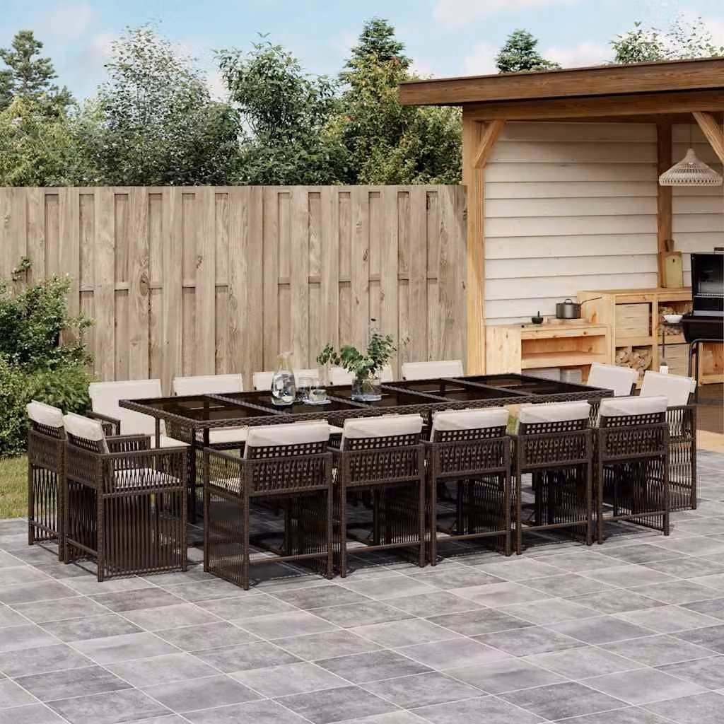 vidaXL Set da Pranzo da Giardino 15 pz in Polyrattan Marrone e Bianco con Piano in Vetro – 1