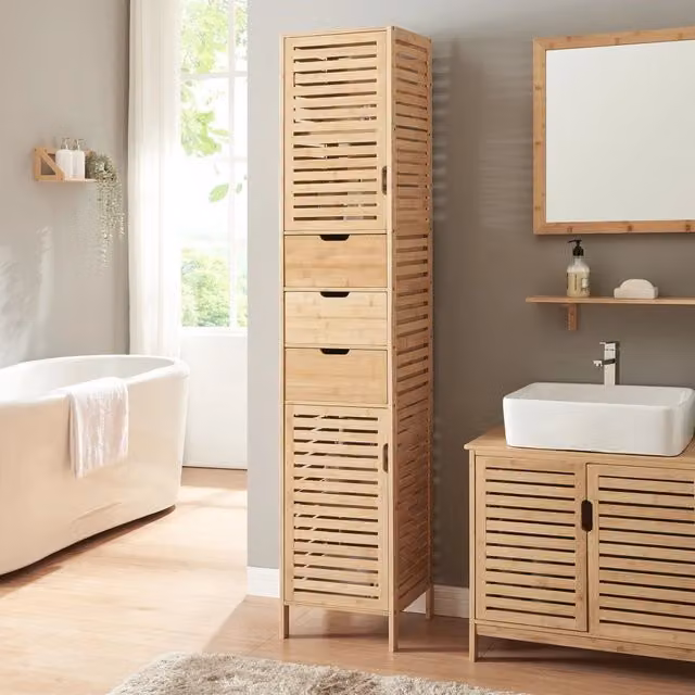 Mobile a Colonna da Bagno Boksereys en.casa in Bambù Naturale con 3 Cassetti e Scomparti Chiusi, H 180 x L 35 x P 35 cm