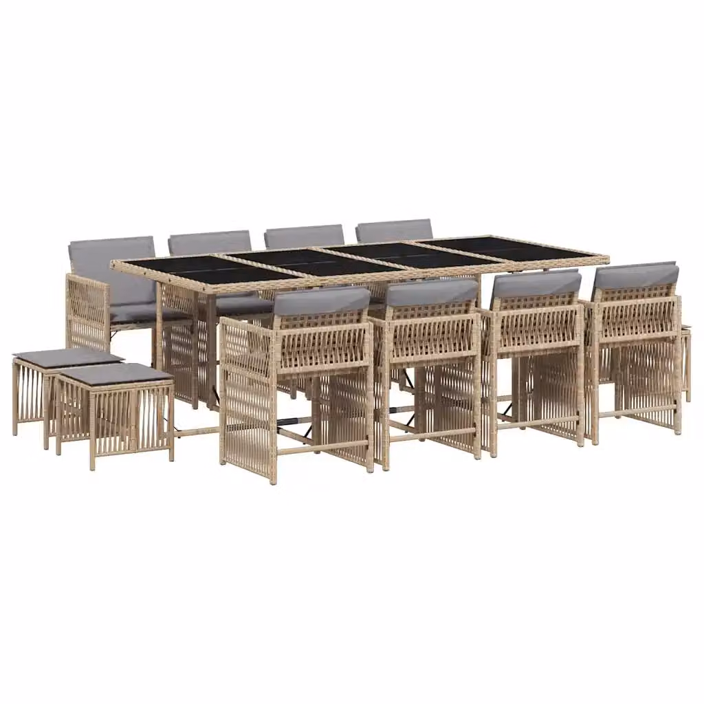 Set Pranzo da Giardino vidaXL in Polyrattan con Cuscini Beige e Grigio e Tavolo in Vetro 13 pz – 2