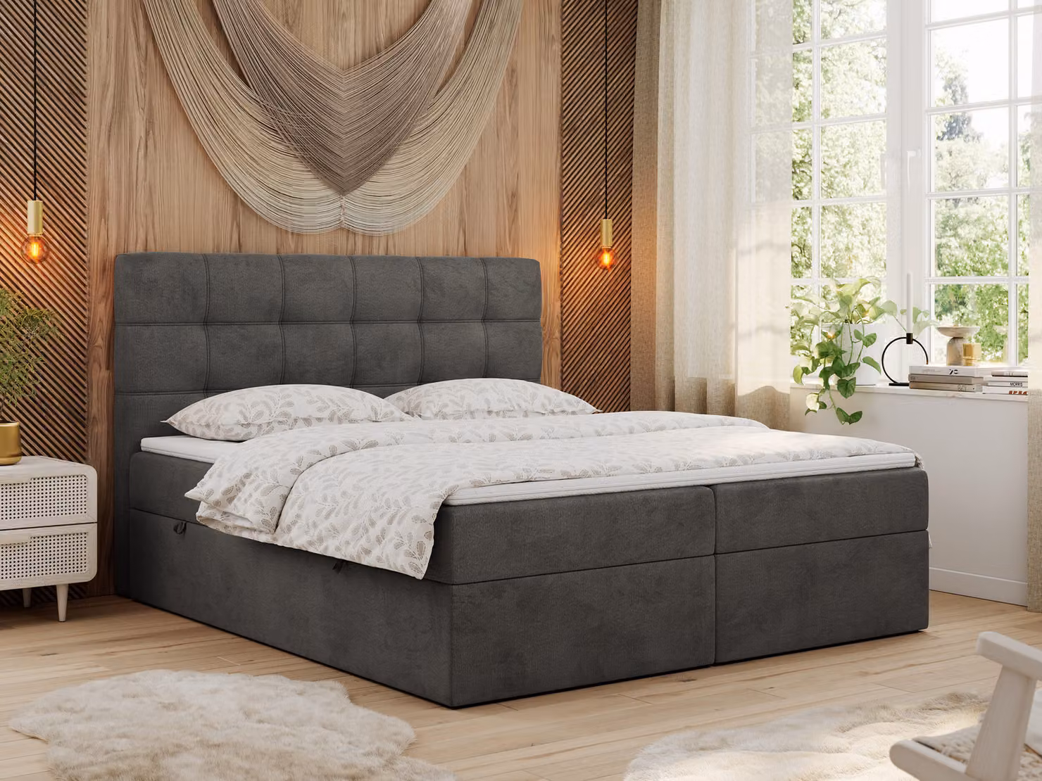 Letto boxspring MKS MEBLE 160x200 con materasso, letto con materasso Multipocket H4 e topper, letto imbottito 160x200 con contenitore e testiera, ERNI - Grigio scuro velluto