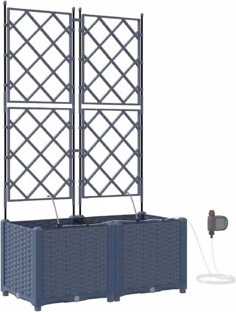 Set di 2 fioriere a cassetta in plastica e acciaio inox per giardino, colore grigio, L: 80 cm, P: 40 cm, H: 142 cm