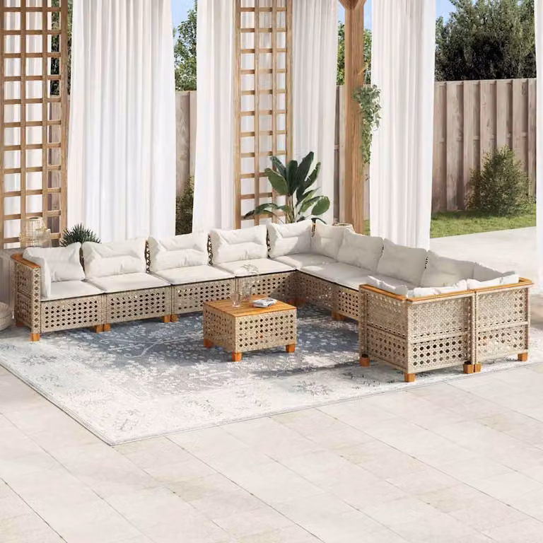 vidaXL Set Divani da Giardino 11 pz in Polyrattan con Cuscini Beige e Tavolino da Esterno a Forma di L