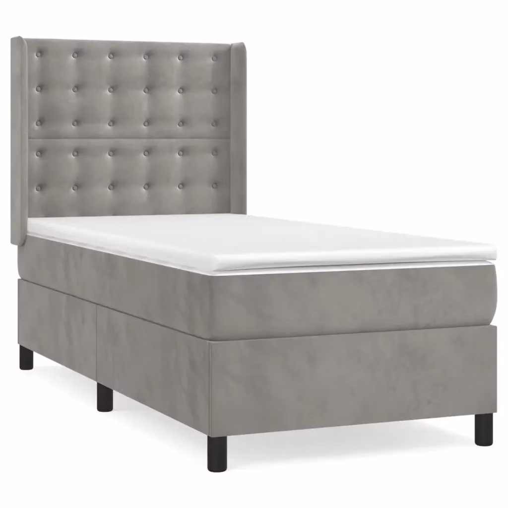 vidaXL Giroletto a Molle con Materasso Ibrido in Velluto Grigio Chiaro e Bianco L/P/H: 90 x 200 x 128 cm – 2