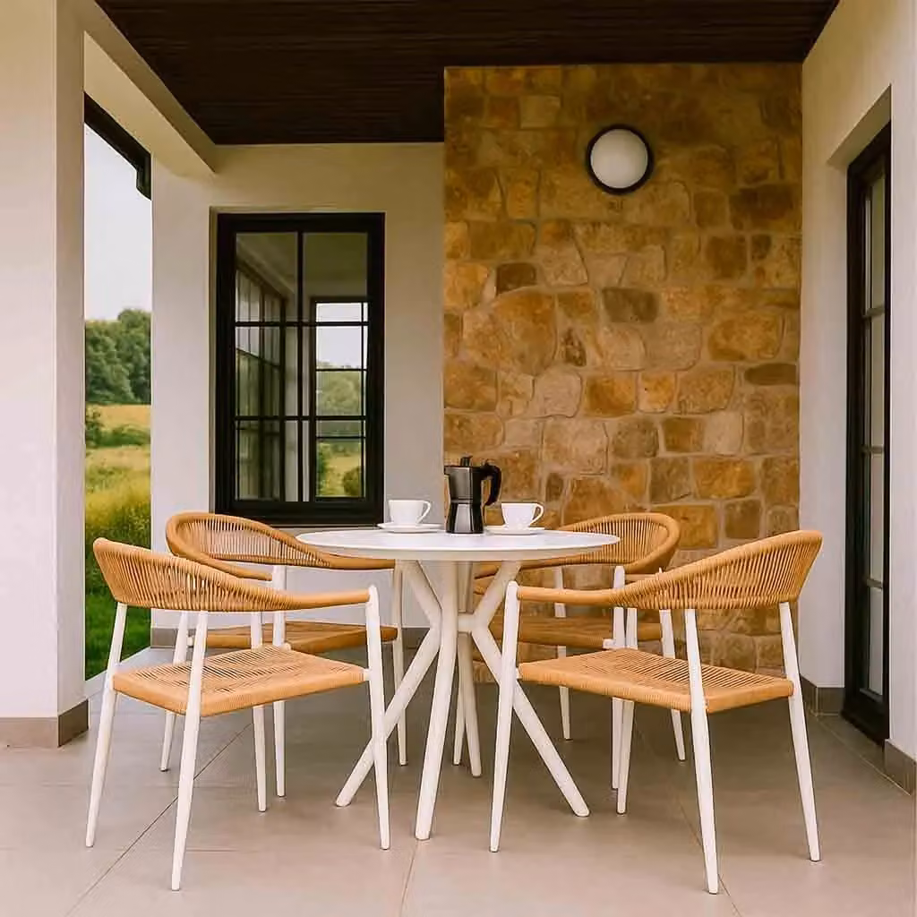 Set tavolo rotondo e 4 sedie Wanderlust Deco in alluminio beige e bianco per giardino e terrazza – 2
