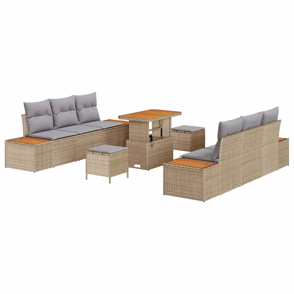 vidaXL Set Divano da Giardino 9 Pezzi a Forma di U in Poly Rattan Beige con Cuscini e Tavolino da Esterno – 2