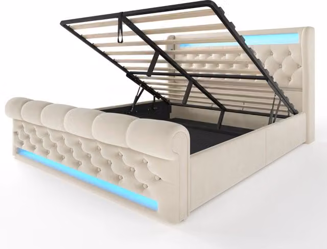 Letto matrimoniale imbottito 140x190 cm in velluto beige con LED, vano contenitore idraulico e porte USB/Type-C