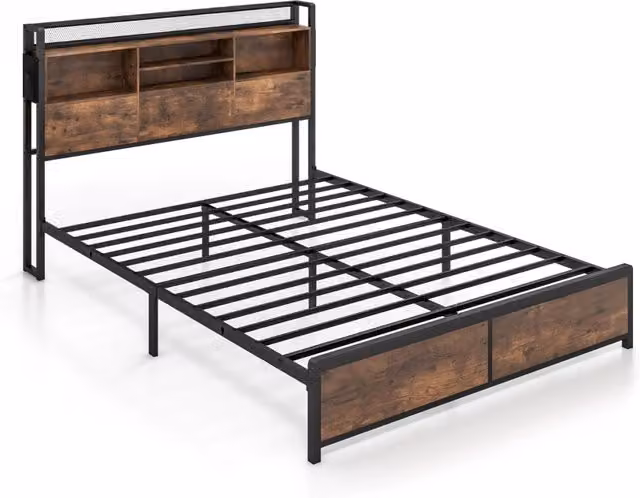 Struttura letto con testiera contenitore e stazione di ricarica, Letto a piattaforma in metallo Marrone 223x163x112cm