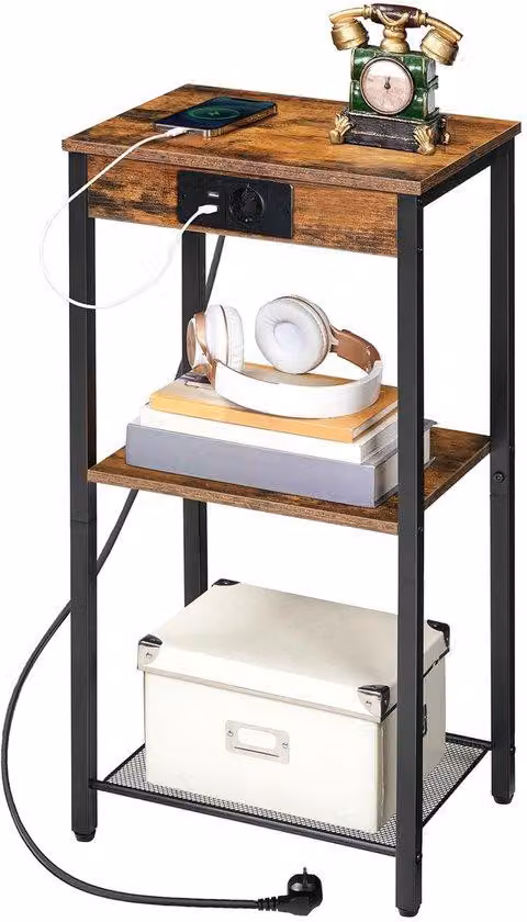 Ibenzoa® Tavolino laterale con stazione di ricarica integrata (1 presa di corrente + 2 USB, cavo da 1,5 m) – 3 ripiani, 38x28x75,5 cm, colore marrone/nero rustico, realizzato in pannello di particelle di legno e metallo