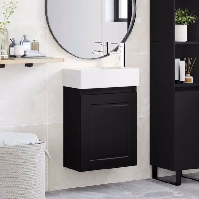 Mobile bagno moderno vidaXL sospeso in legno e ceramica bianco e nero L: 45,5 cm, P: 22,5 cm, H: 84 cm – 1