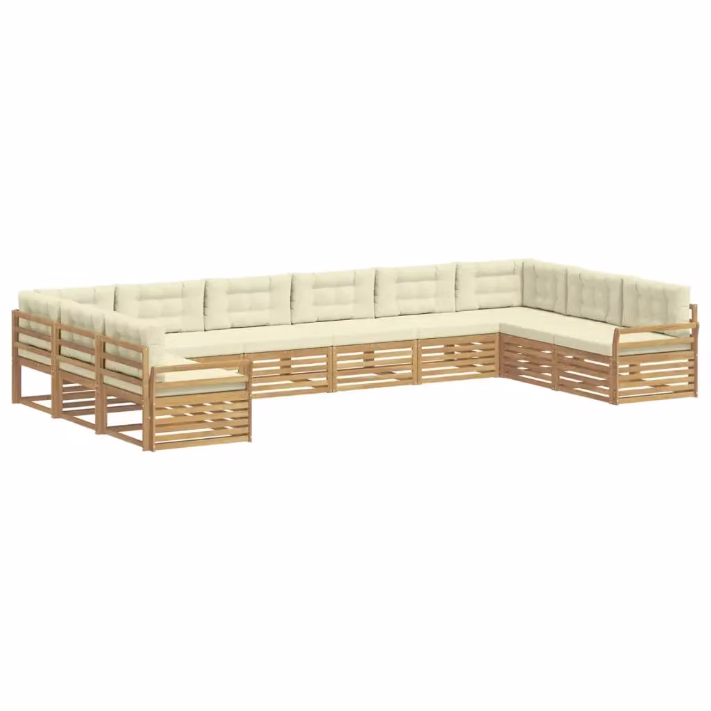 Set di divani da giardino a forma di L vidaXL in legno di acacia con cuscini bianchi e beige – 2