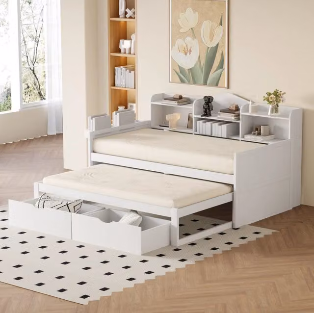 Letto singolo in legno 90x200 cm con letto estraibile 90x190 cm; 2 cassetti e USB; bianco
