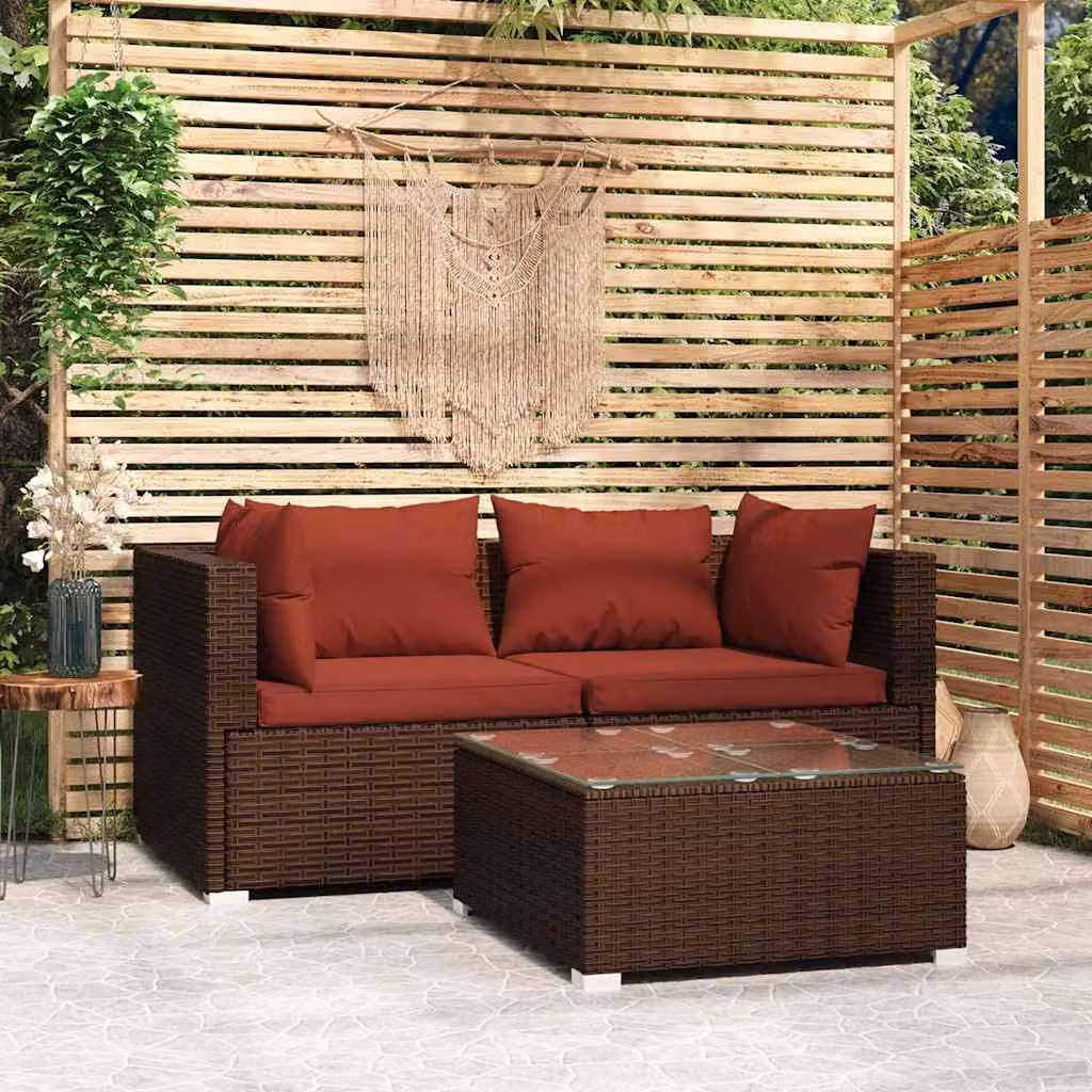 Set Divano da Giardino L-Shape vidaXL in Polyrattan Marrone con Tavolino e Cuscini con Coperture Rimovibili