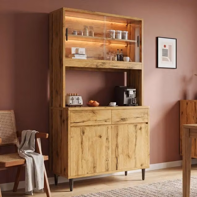 Credenza alta da sala da pranzo 100x40x185 cm con LED; prese e porte in vetro; rovere