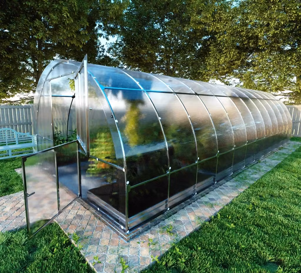 Serra da giardino KLASIKA TUBE con rivestimento in policarbonato trasparente e struttura in acciaio zincato, L/P/H: 8 x 3 x 2,18 m – 2