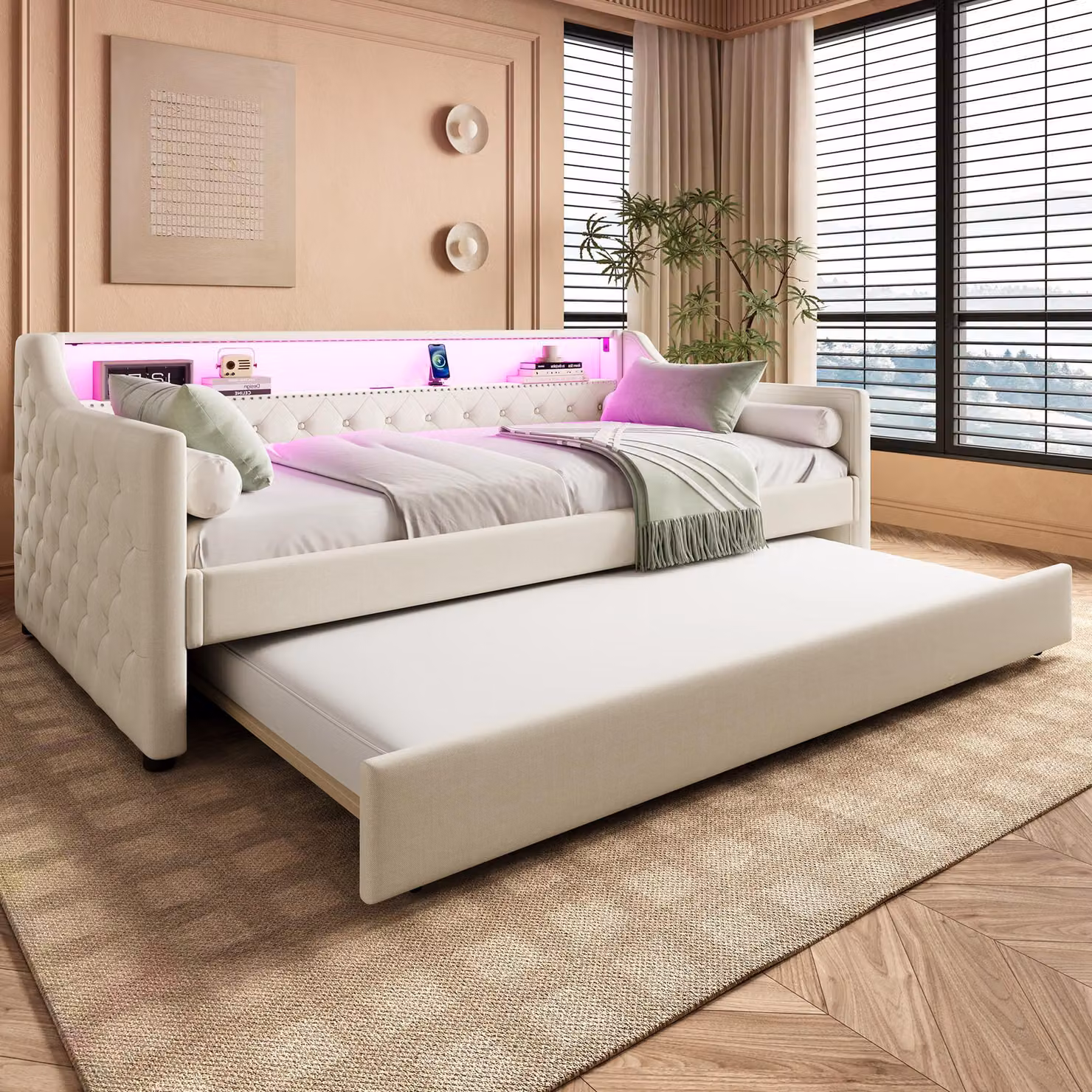 Letto imbottito Flieks 90x200cm con USB e LED, divano letto da giorno con letto estraibile, letto singolo in legno letto funzionale con rete a doghe, biancheria