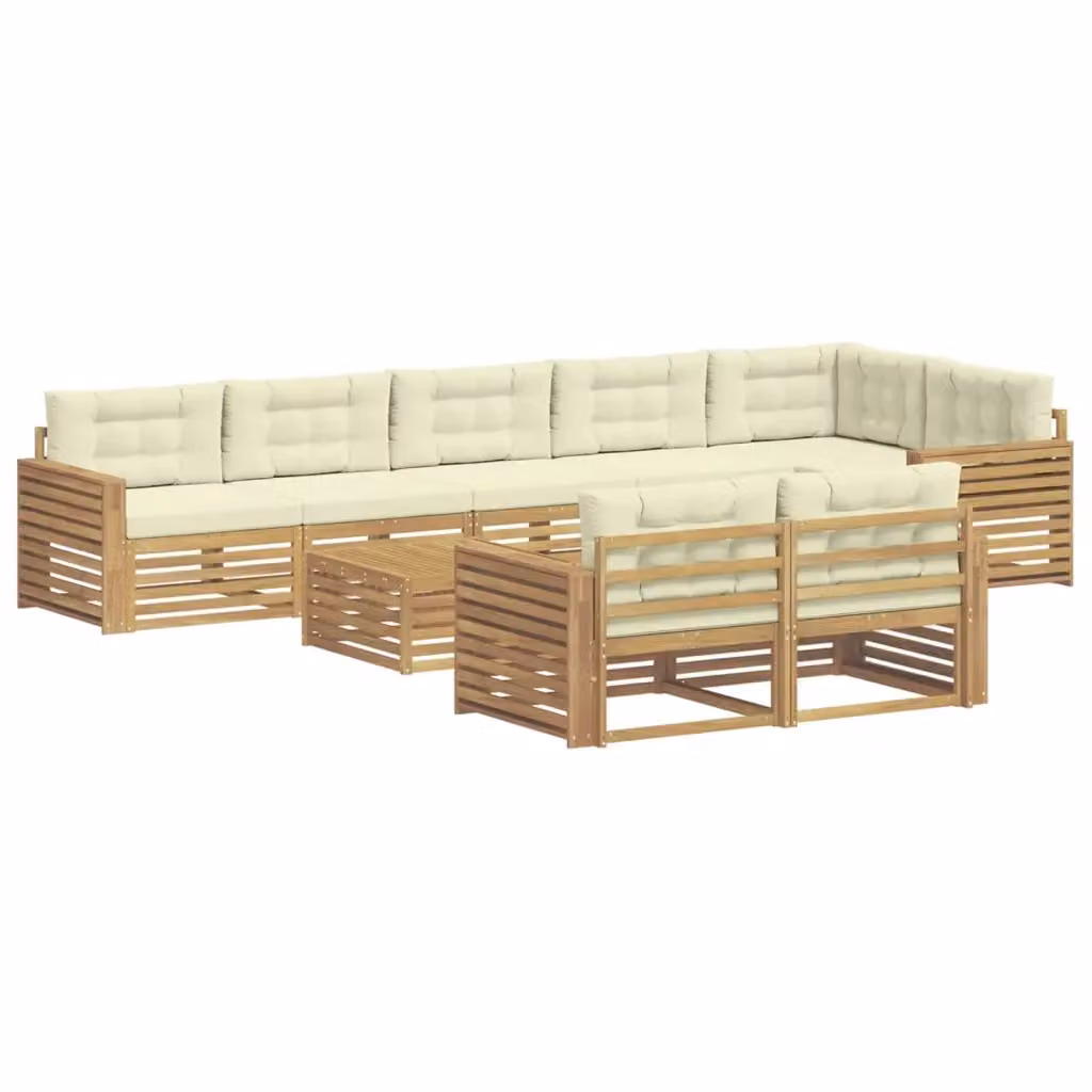 Set di divani da esterno a L vidaXL in legno di acacia con tavolo da caffè e cuscini, Bianco e Beige – 2