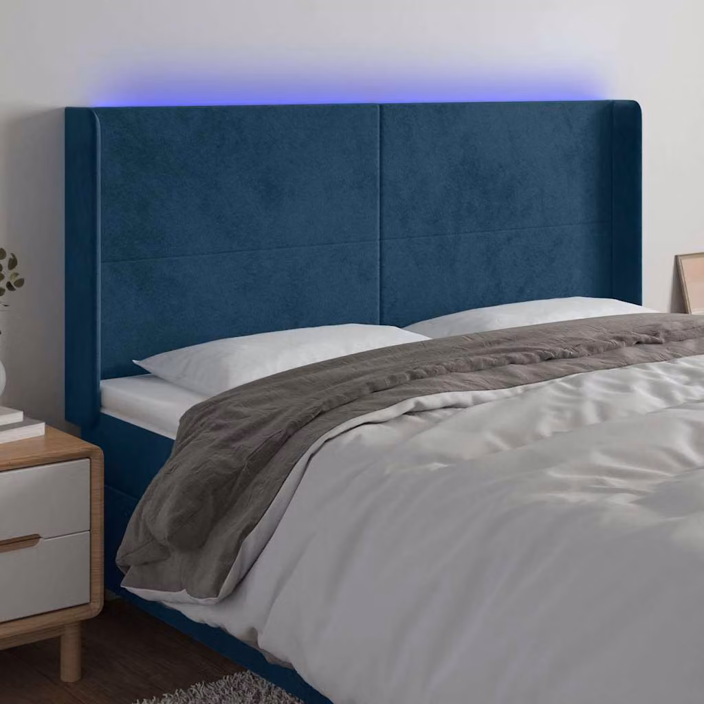 Testiera per letto vidaXL in velluto blu con illuminazione LED e porta di ricarica USB, L: 203 cm, P: 16 cm, H: 118/128 cm