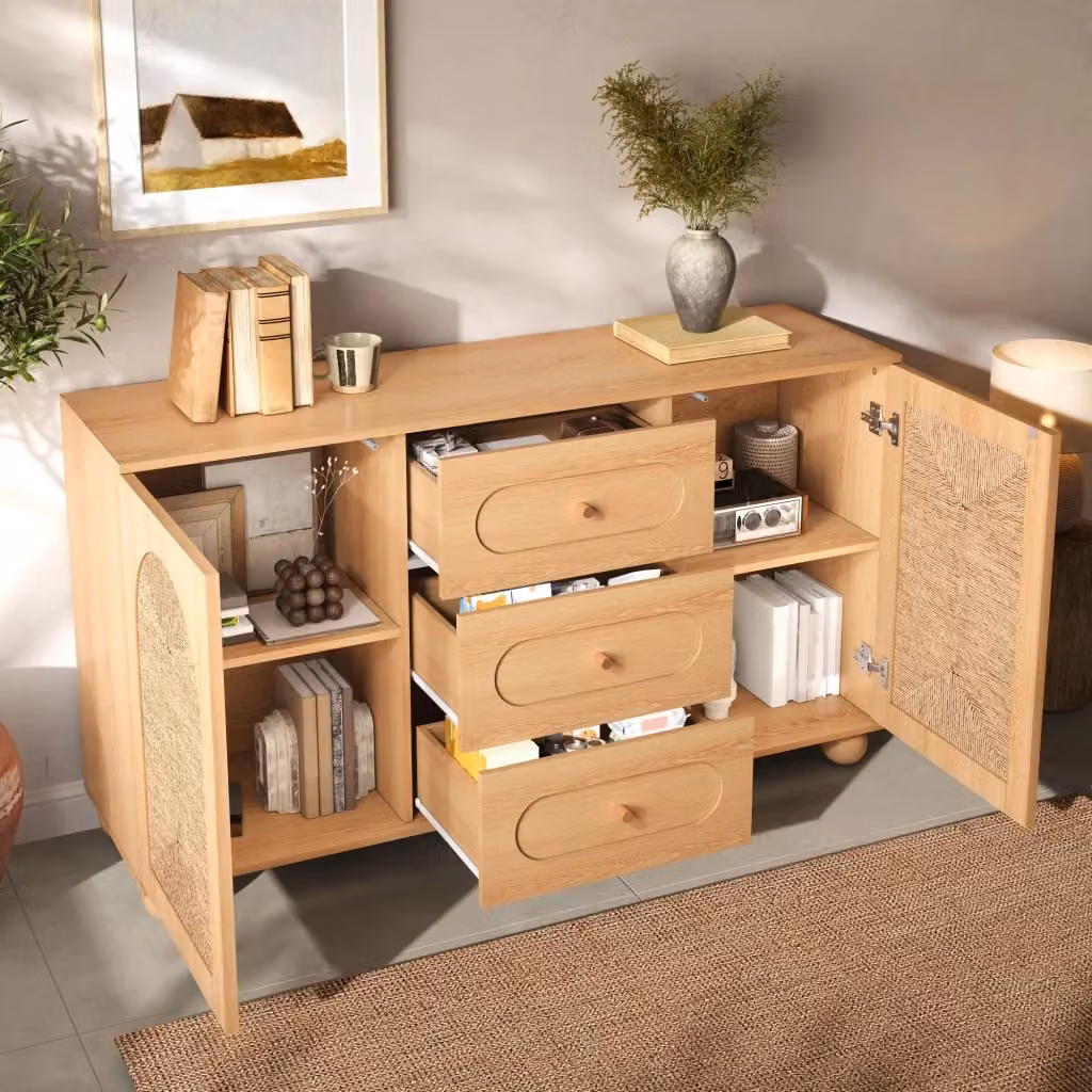 Credenza Mivray in stile scandinavo con 2 ante in intreccio di corda e 3 cassetti, colore beige, L: 140 cm, P: 40 cm, H: 80 cm – 2