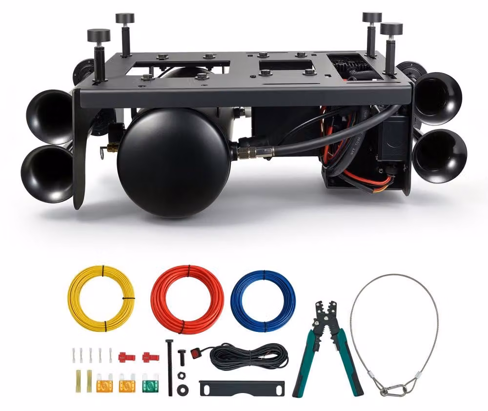 Clacson ad aria, 150 dB, 12 V - 250 W, compressore, serbatoio da 10 litri, acciaio