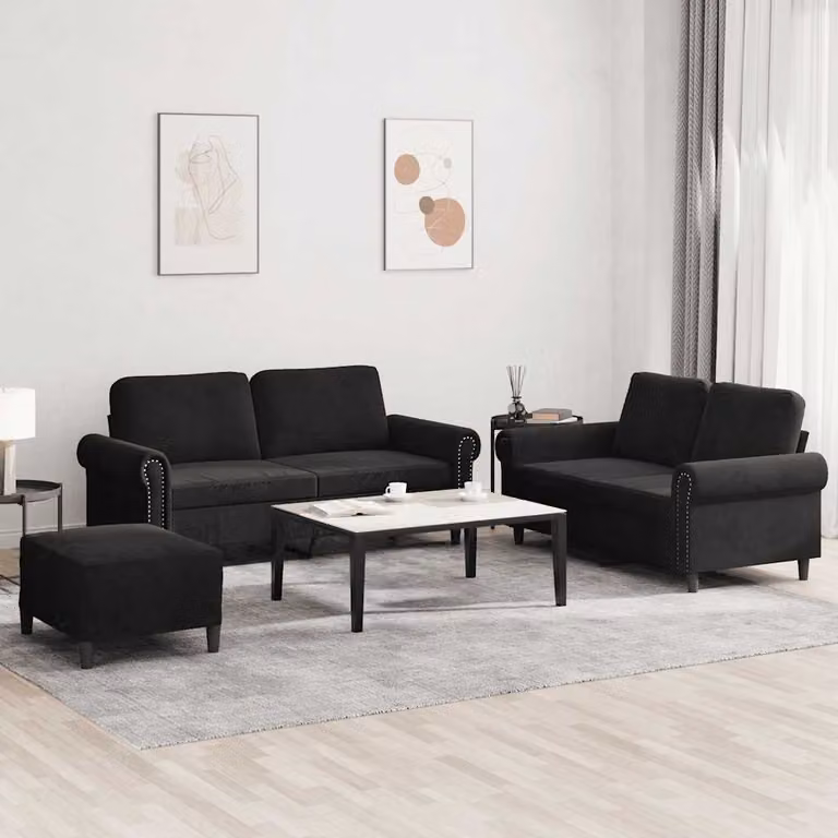 Set di divani 3 pezzi vidaXL in velluto nero con cuscini per il tuo soggiorno
