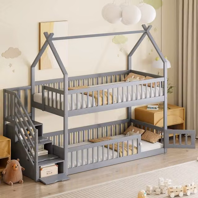 Letto a castello per bambini WISHDOR in legno di pino con tetto a casetta, scala di sicurezza e cassetti contenitore, grigio, L/P/H: 200 x 90 x 153 cm