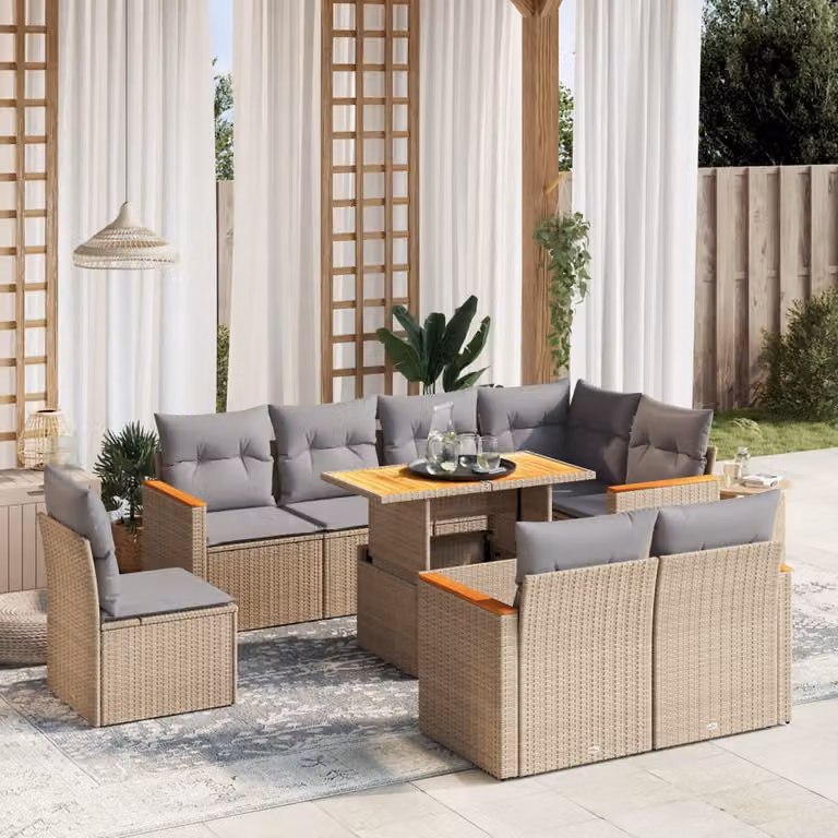 vidaXL Set Divano da Giardino a L 9 pz con Cuscini Beige e Tavolino, Polyrattan e Acciaio, Moderno