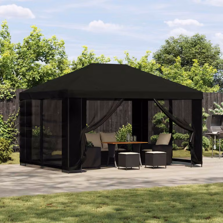 Gazebo vidaXL con pareti laterali in poliestere e acciaio nero L 4 m x P 3 m x H 2,76 m