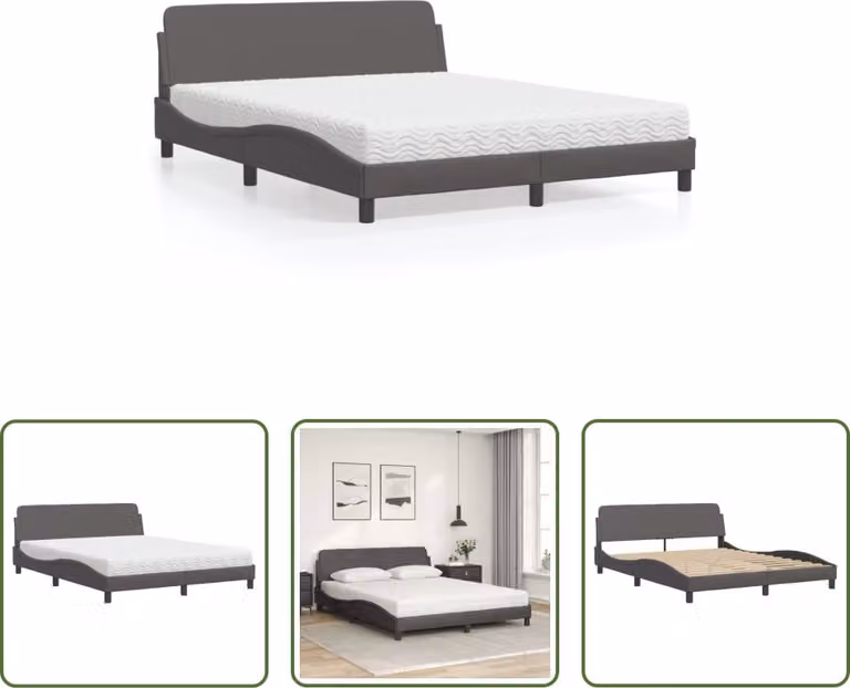 The Living Store Letto con materasso grigio 160x200 cm in ecopelle