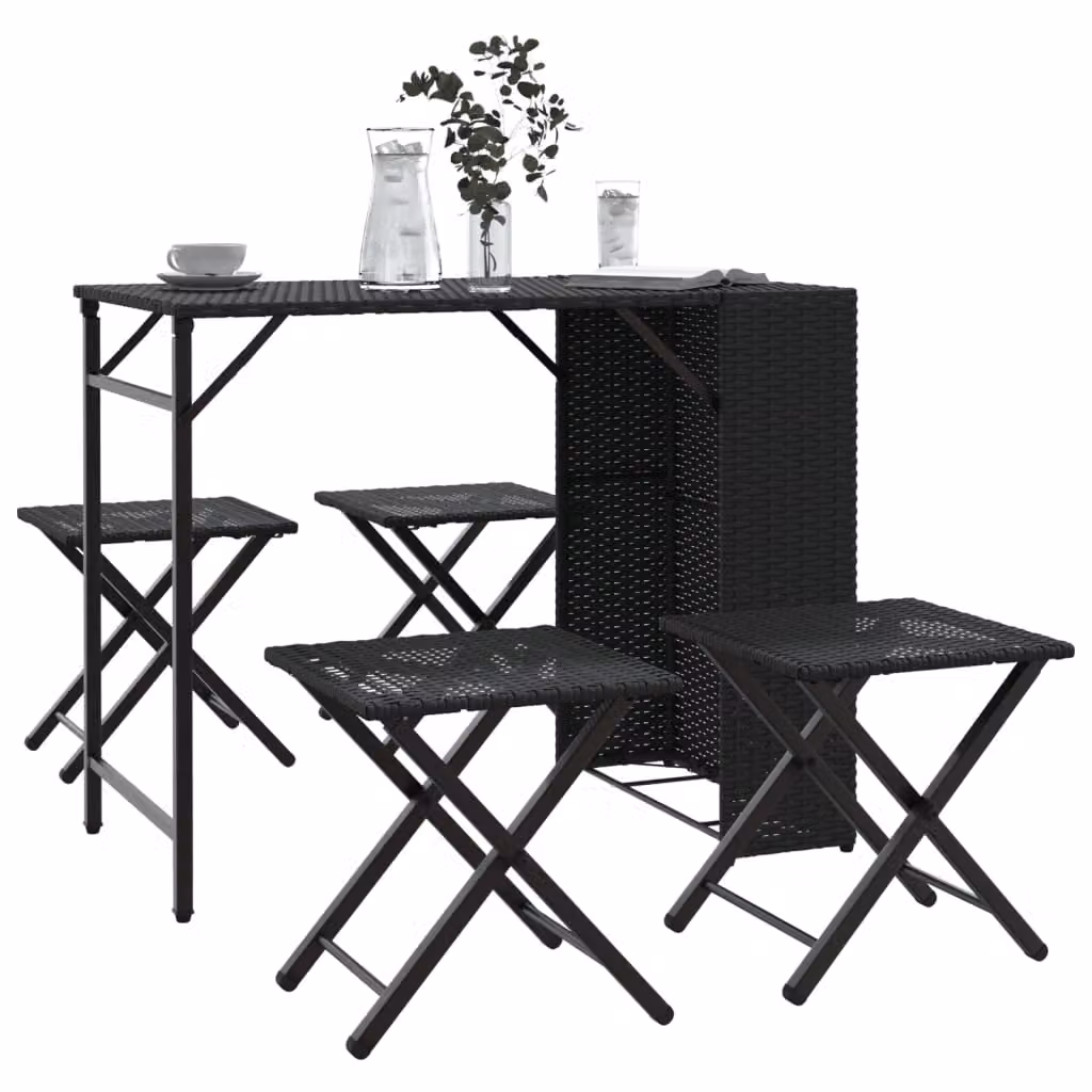 vidaXL Set da Campeggio da Giardino Pieghevole 5 pz in Polyrattan Nero