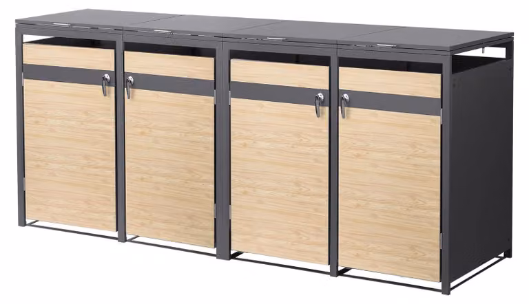 Contenitore per bidoni della spazzatura ML-Design, modello a 4 scomparti, per 4 bidoni da 240 litri, dimensioni 264x80x120 cm, finitura effetto legno di larice antracite, acciaio, resistente agli agenti atmosferici e con chiusura a chiave