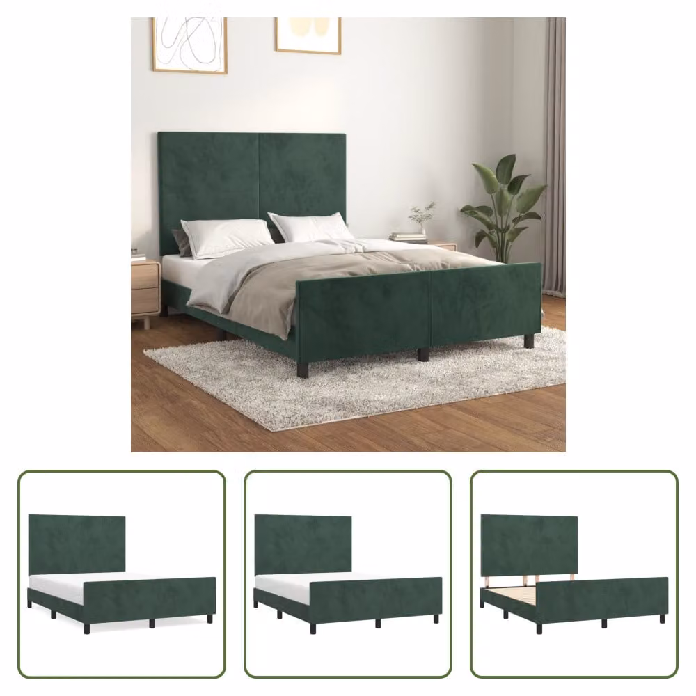The Living Store Struttura letto con testiera in velluto verde scuro 140x190 cm