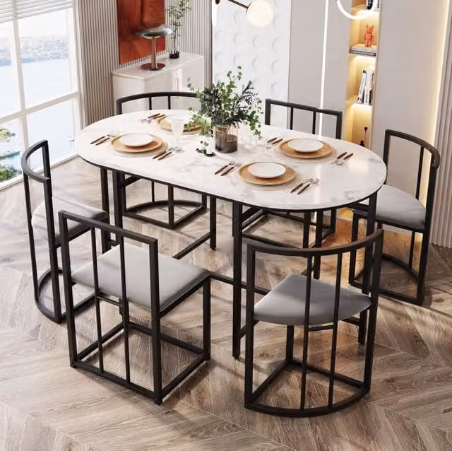 Set tavolo e sedie 140x80x76 cm in MDF bianco e nero, 6 posti