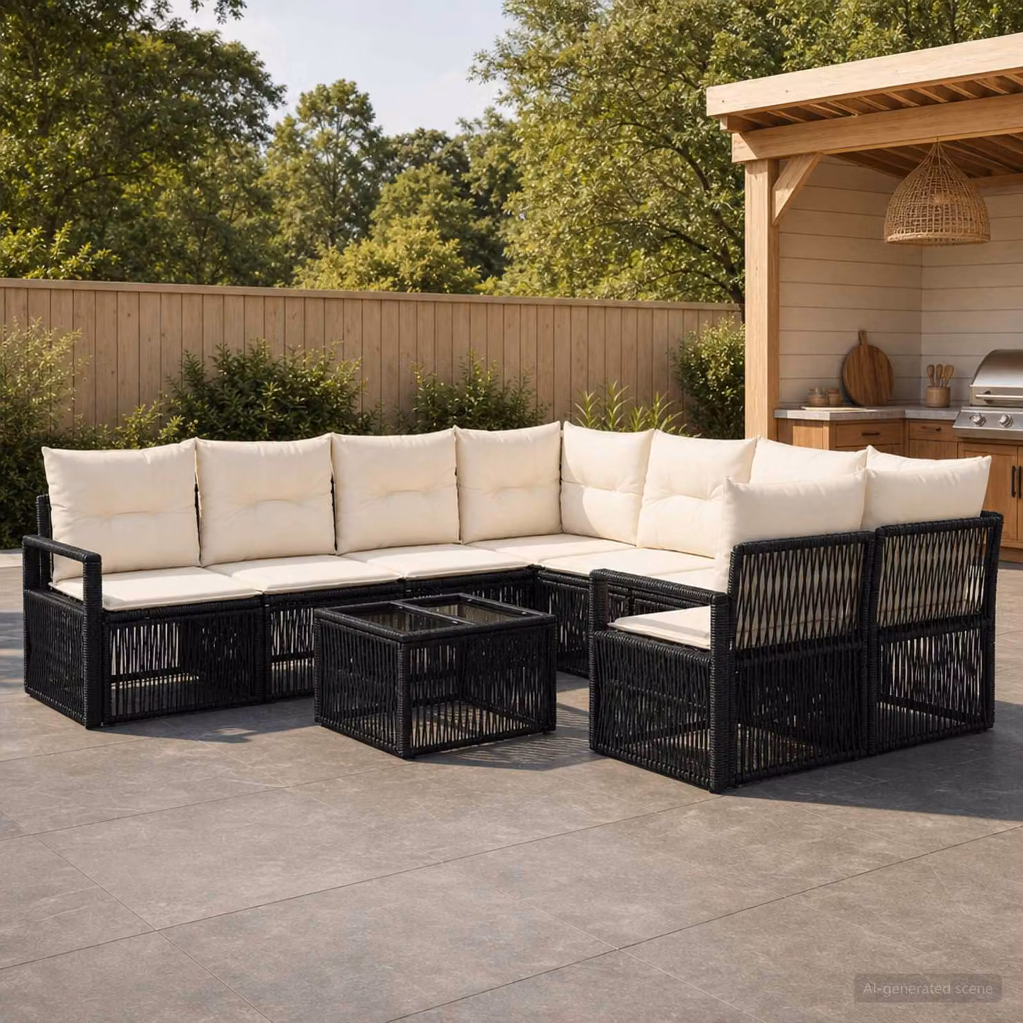 Set Divano da Giardino vidaXL 9 pz a forma a U in Polyrattan Nero con Cuscini e Tavolino da Esterno