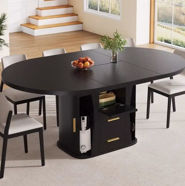 Tavolo allungabile ULEVR 118-158x118x77 cm con piano estensibile e vano contenitore, MDF nero