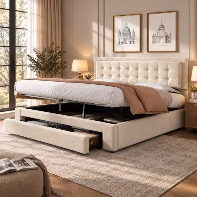 Letto con cassone e cassetti; tessuto in velluto; letto imbottito; rete a doghe; letto matrimoniale; ampio contenitore; 160 x 200; beige