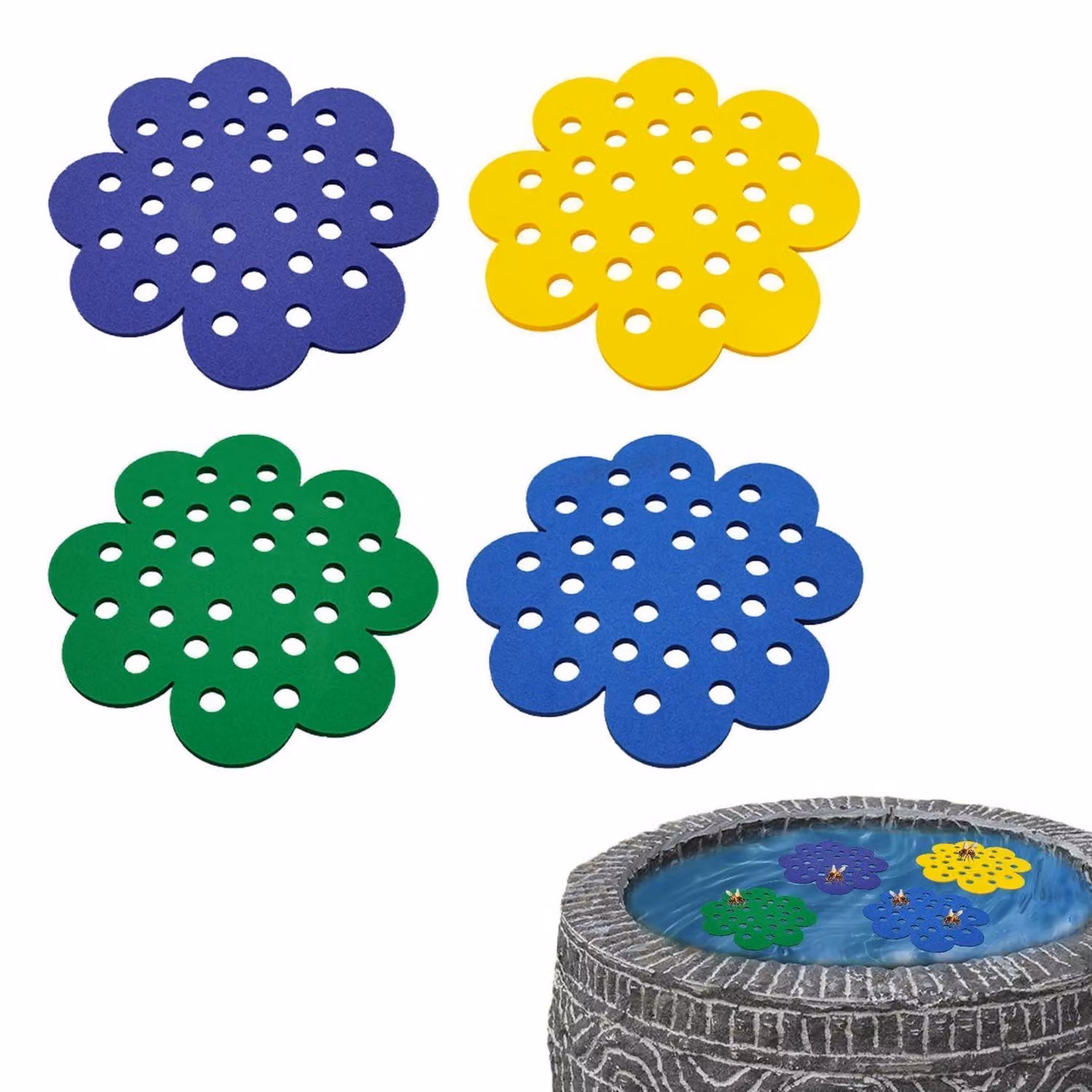 Abbeveratoi per api, trappole per insetti, per il giardino, confezione da 4 pezzi, motivo a nido d'ape in PVC, galleggianti, disponibili nei colori viola, verde, giallo e blu